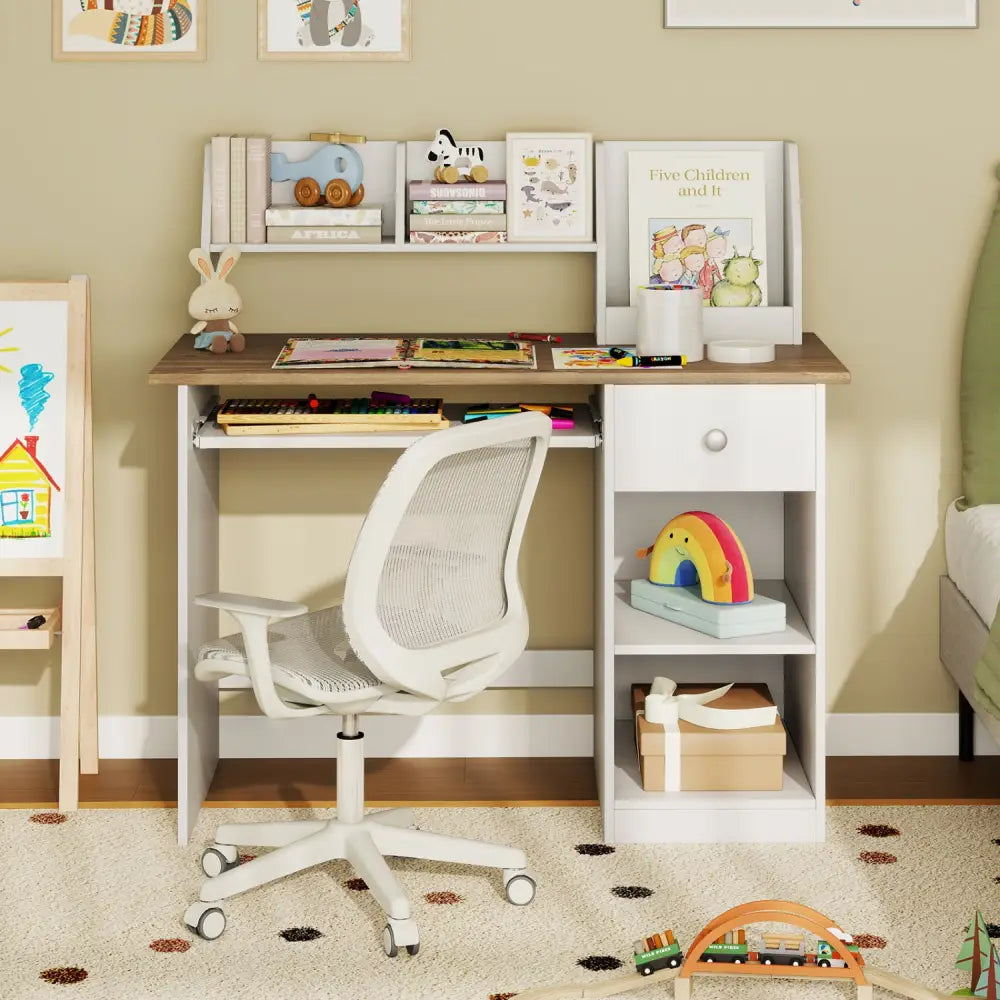 Kids Study Desk Children Writing Table with Drawer Shelves and Keyboard Tray-Natural - Natural & White - Kids Table &