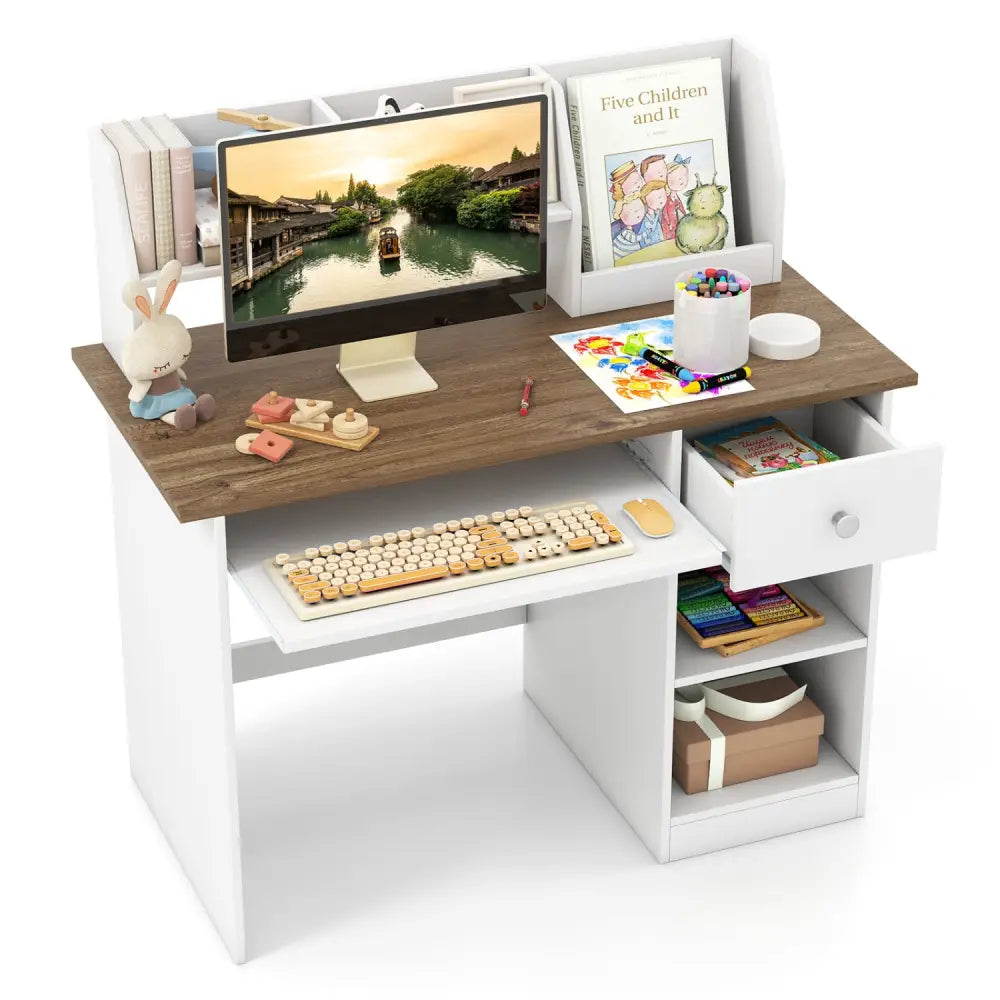 Kids Study Desk Children Writing Table with Drawer Shelves and Keyboard Tray-Natural - Natural & White - Kids Table &