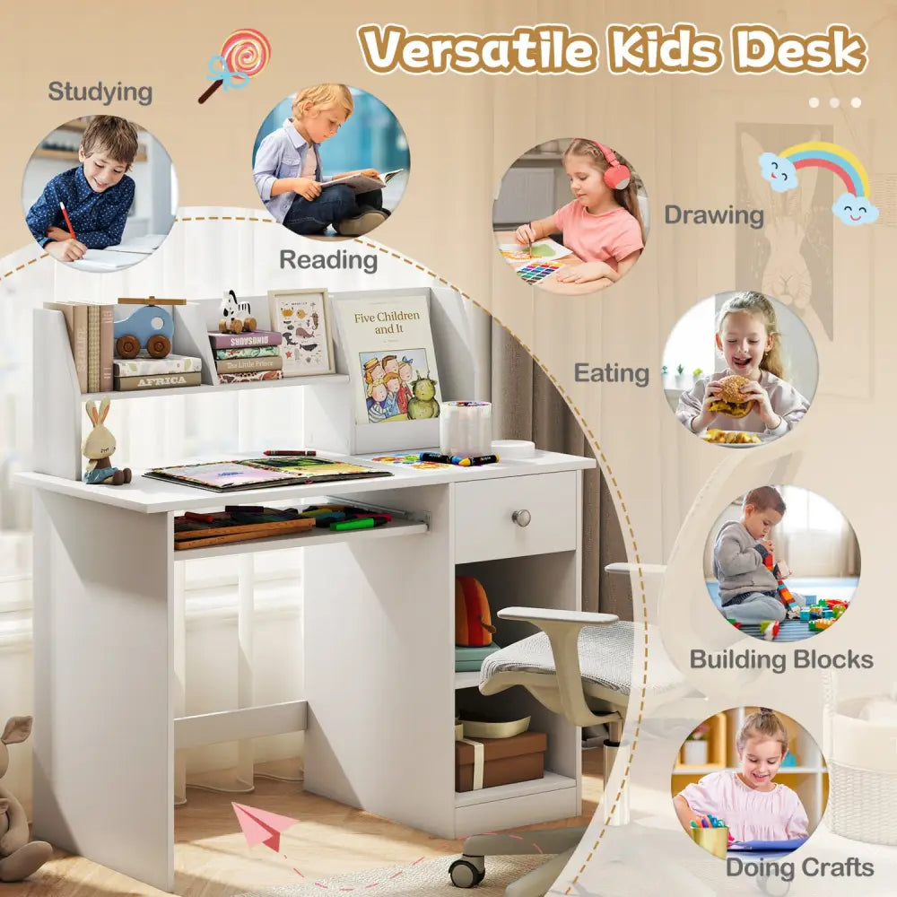 Kids Study Desk Children Writing Table with Hutch Drawer Shelves and Keyboard Tray-White - White - Kids Table & Chair