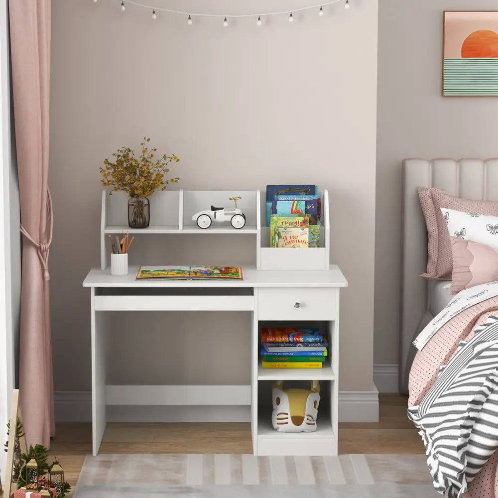 Kids Study Desk Children Writing Table with Hutch Drawer Shelves and Keyboard Tray-White - White - Kids Table & Chair