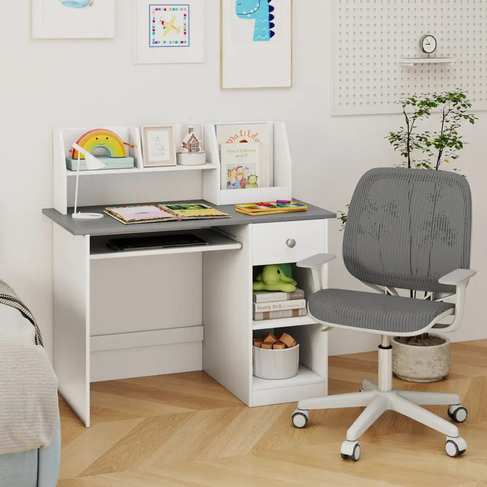 Kids Study Desk Children Writing Table with Hutch Drawer Shelves and Keyboard Tray-Gray - Light Gray - Kids Table &