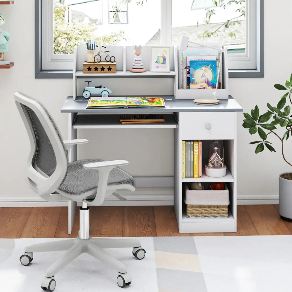 Kids Study Desk Children Writing Table with Hutch Drawer Shelves and Keyboard Tray-Gray - Light Gray - Kids Table &