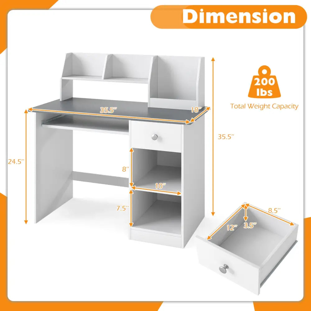 Kids Study Desk Children Writing Table with Hutch Drawer Shelves and Keyboard Tray-Gray - Light Gray - Kids Table &