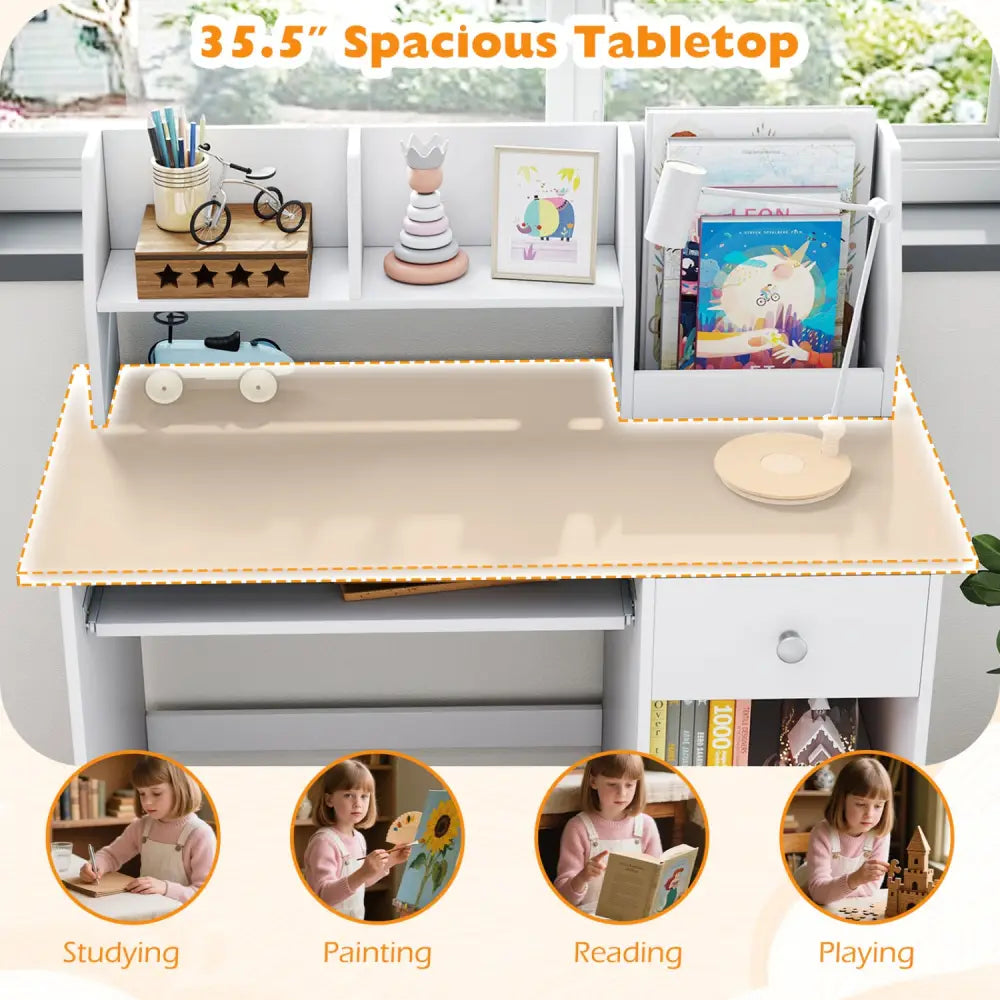 Kids Study Desk Children Writing Table with Hutch Drawer Shelves and Keyboard Tray-Gray - Light Gray - Kids Table &