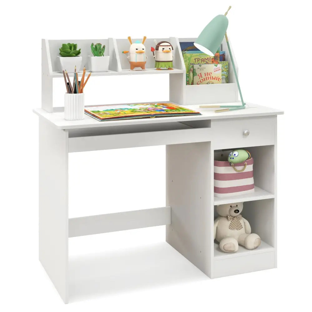 Kids Study Desk Children Writing Table with Hutch Drawer Shelves and Keyboard Tray-White - White - Kids Table & Chair
