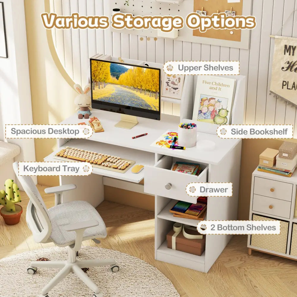 Kids Study Desk Children Writing Table with Hutch Drawer Shelves and Keyboard Tray-White - White - Kids Table & Chair