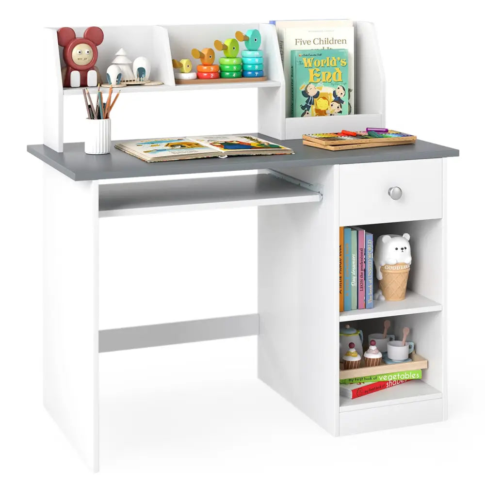 Kids Study Desk Children Writing Table with Hutch Drawer Shelves and Keyboard Tray-Gray - Light Gray - Kids Table &