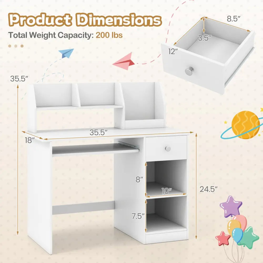 Kids Study Desk Children Writing Table with Hutch Drawer Shelves and Keyboard Tray-White - White - Kids Table & Chair