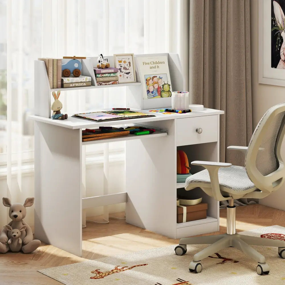 Kids Study Desk Children Writing Table with Hutch Drawer Shelves and Keyboard Tray-White - White - Kids Table & Chair