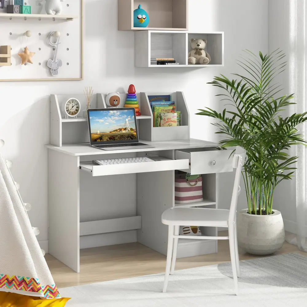 Kids Study Desk Children Writing Table with Hutch Drawer Shelves and Keyboard Tray-White - White - Kids Table & Chair