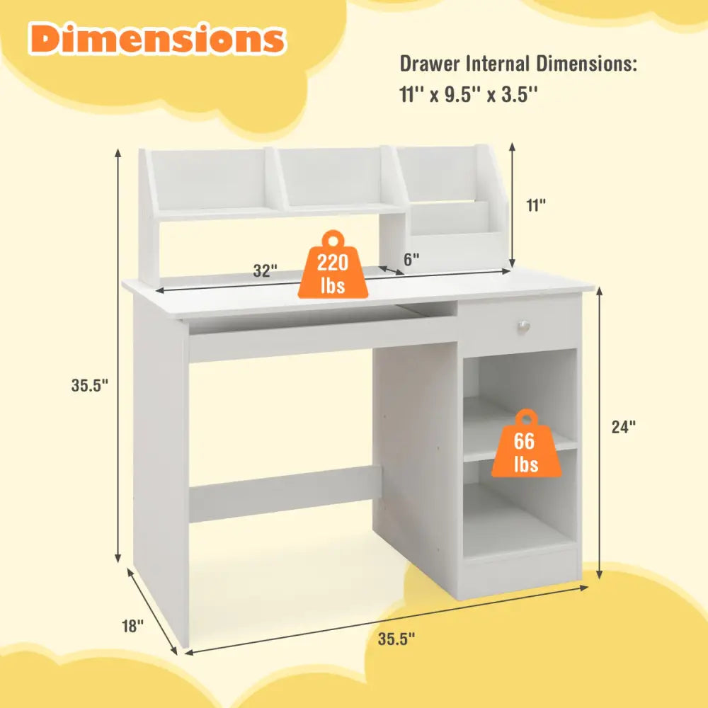Kids Study Desk Children Writing Table with Hutch Drawer Shelves and Keyboard Tray-White - White - Kids Table & Chair
