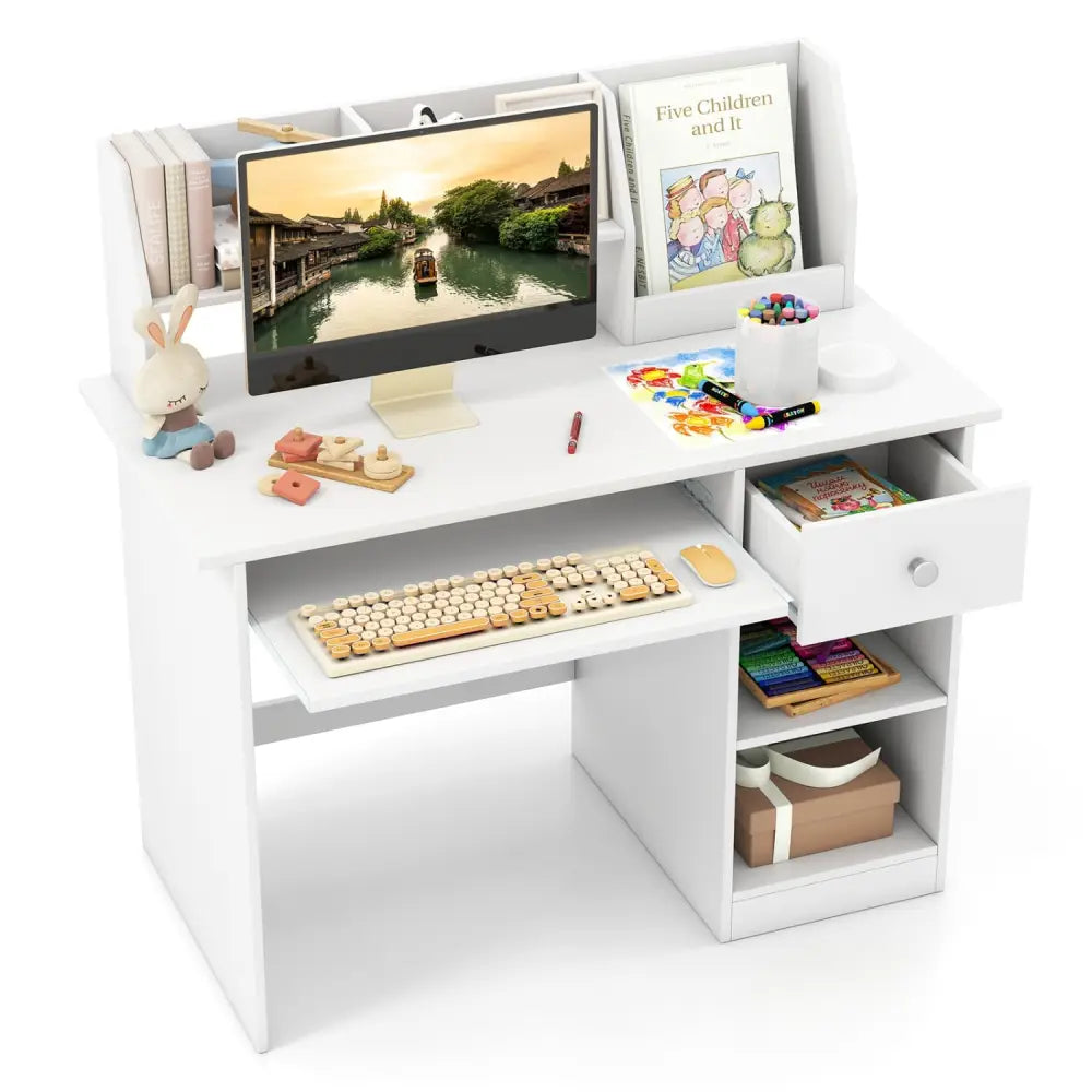Kids Study Desk Children Writing Table with Hutch Drawer Shelves and Keyboard Tray-White - White - Kids Table & Chair