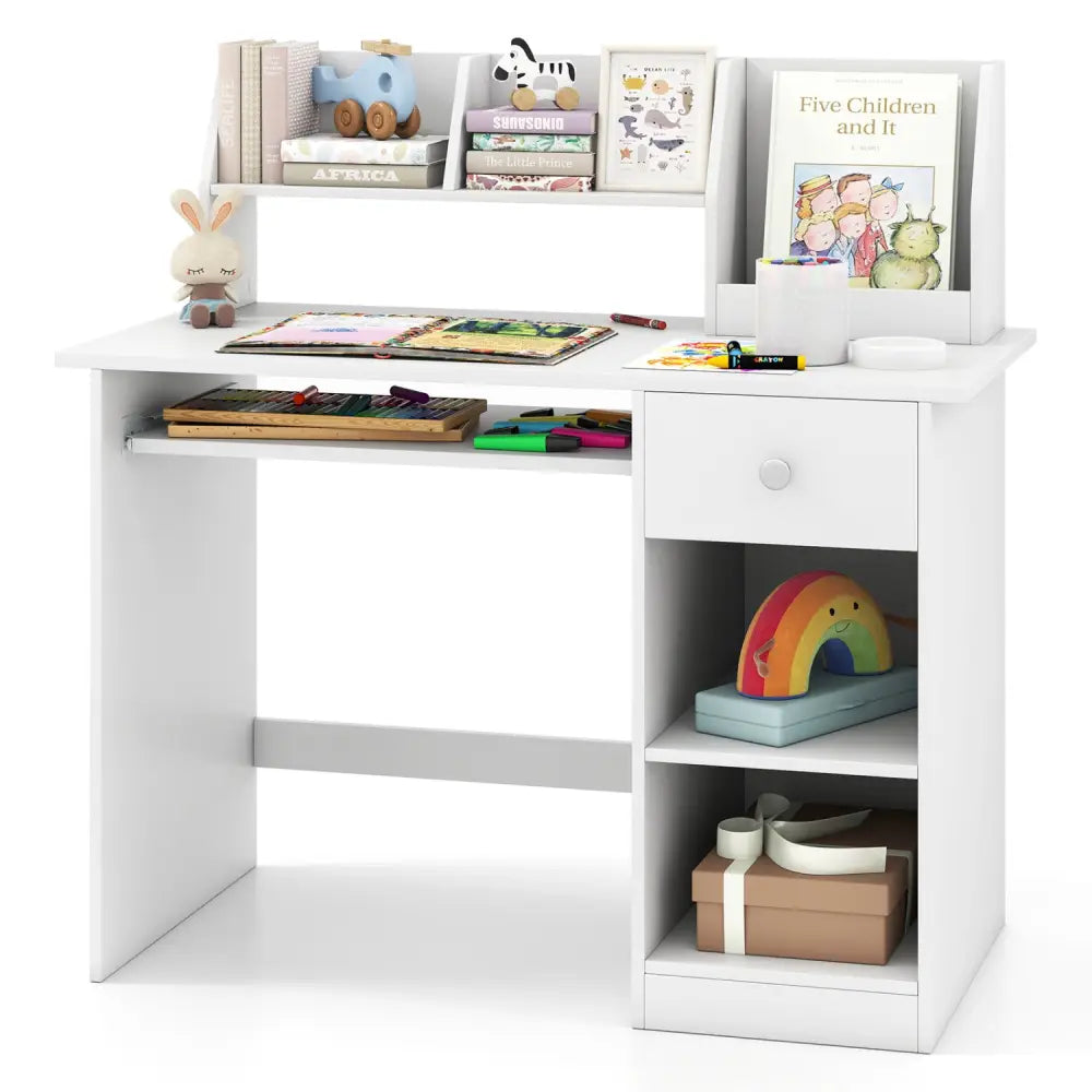Kids Study Desk Children Writing Table with Hutch Drawer Shelves and Keyboard Tray-White - White - Kids Table & Chair
