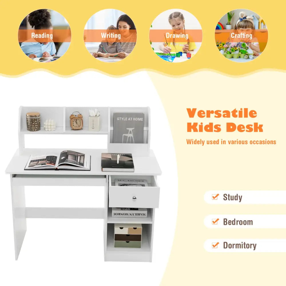 Kids Study Desk Children Writing Table with Hutch Drawer Shelves and Keyboard Tray-White - White - Kids Table & Chair