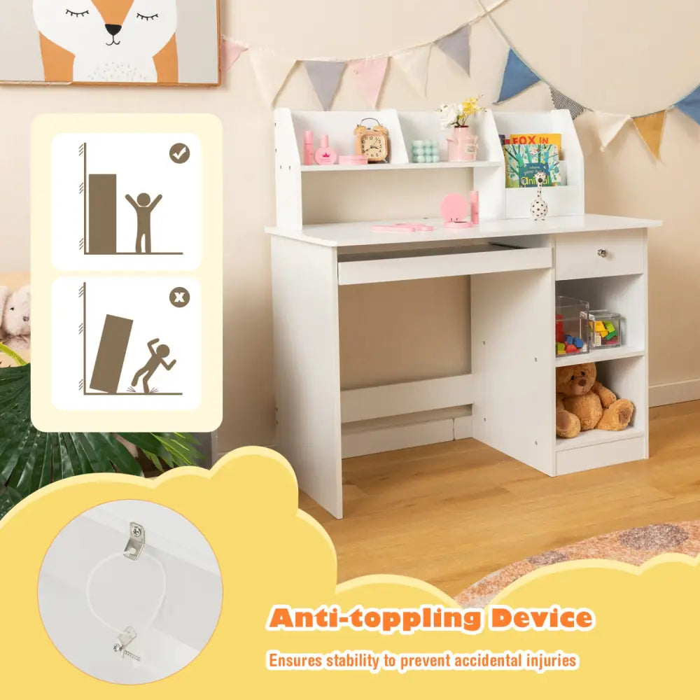 Kids Study Desk Children Writing Table with Hutch Drawer Shelves and Keyboard Tray-White - White - Kids Table & Chair
