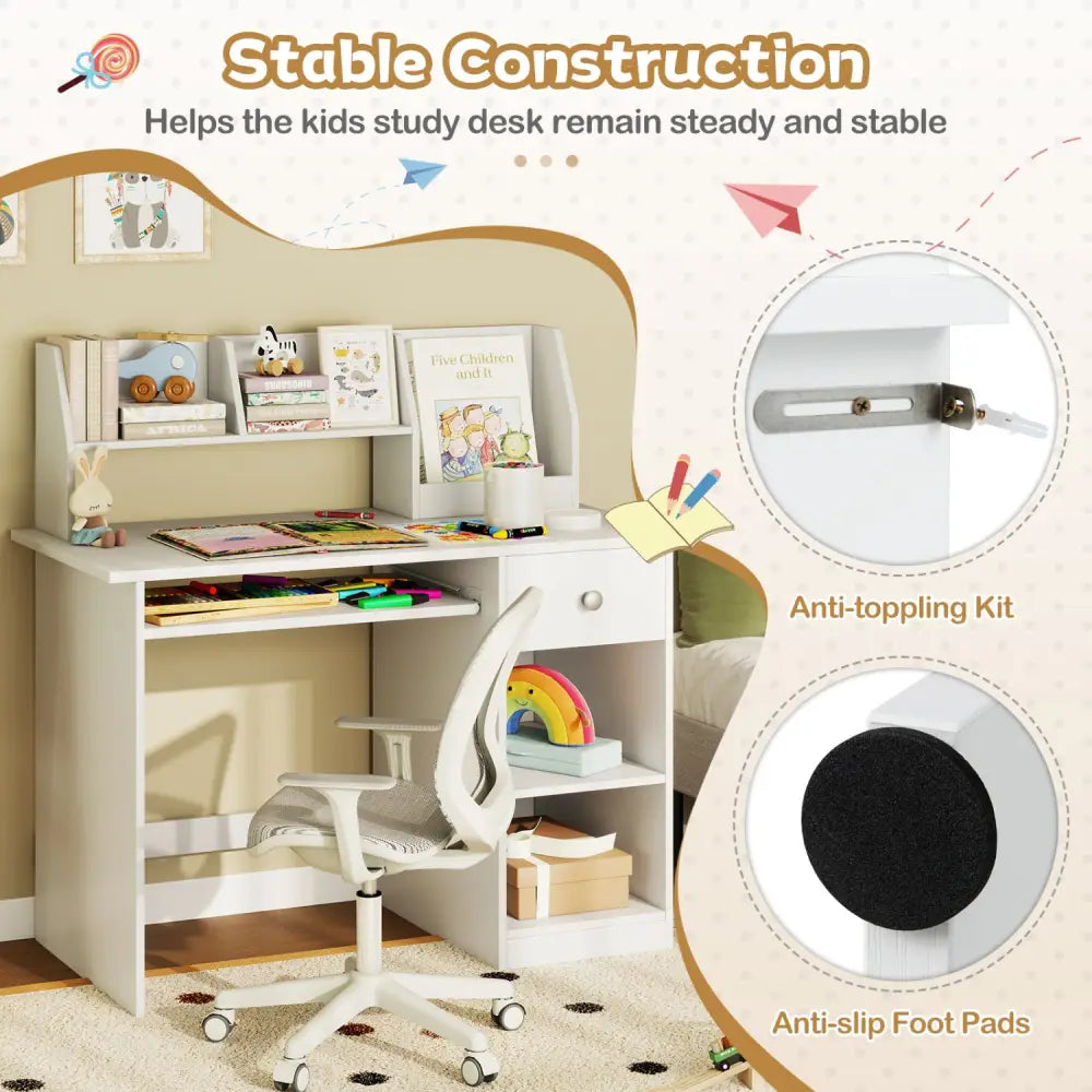 Kids Study Desk Children Writing Table with Hutch Drawer Shelves and Keyboard Tray-White - White - Kids Table & Chair
