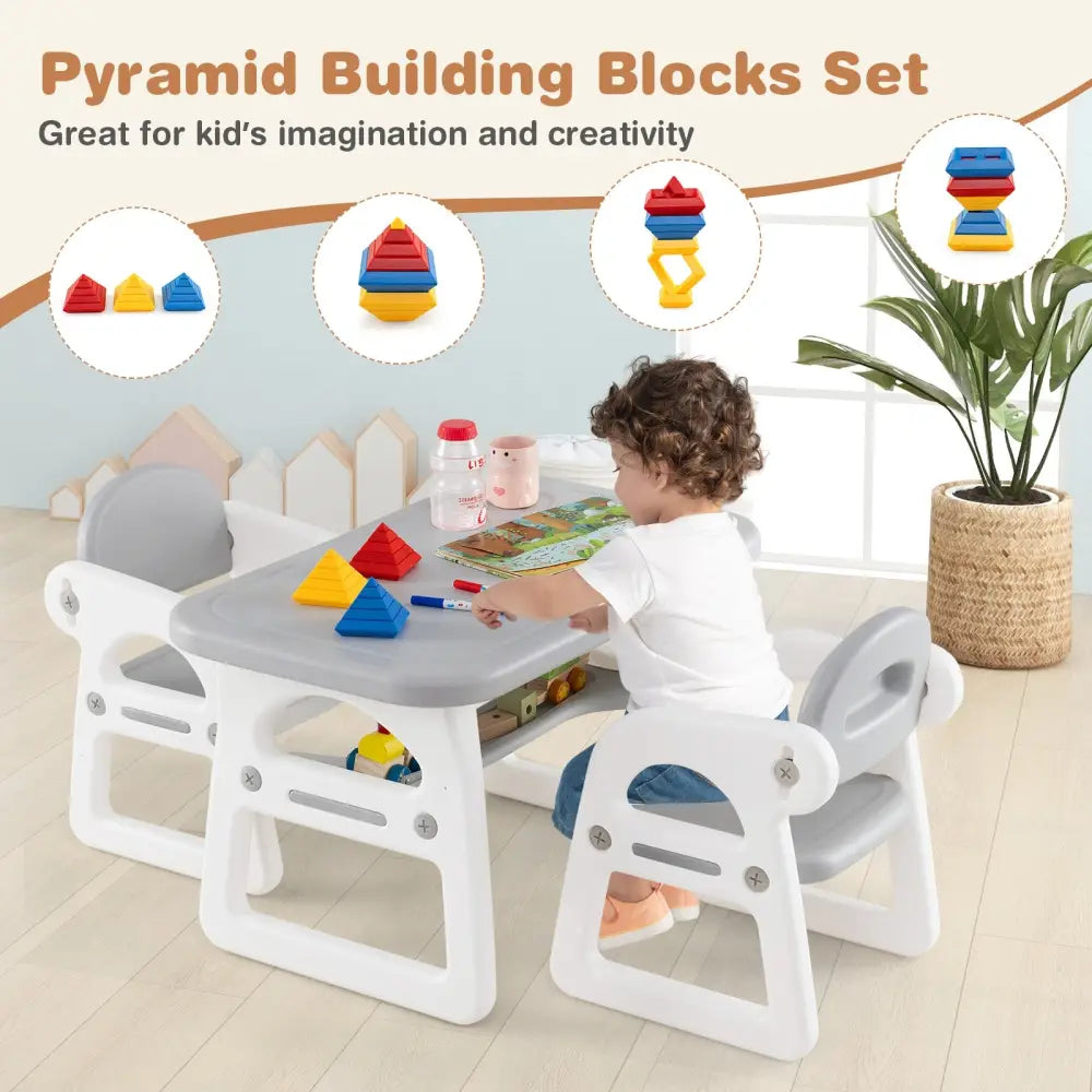 Kids Table and Chair Set with Building Blocks-Gray - Gray - Kids Table & Chair Sets