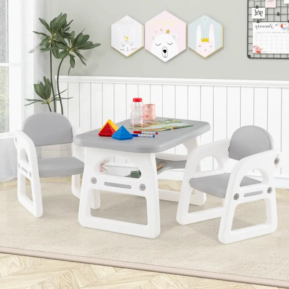 Kids Table and Chair Set with Building Blocks-Gray - Gray - Kids Table & Chair Sets