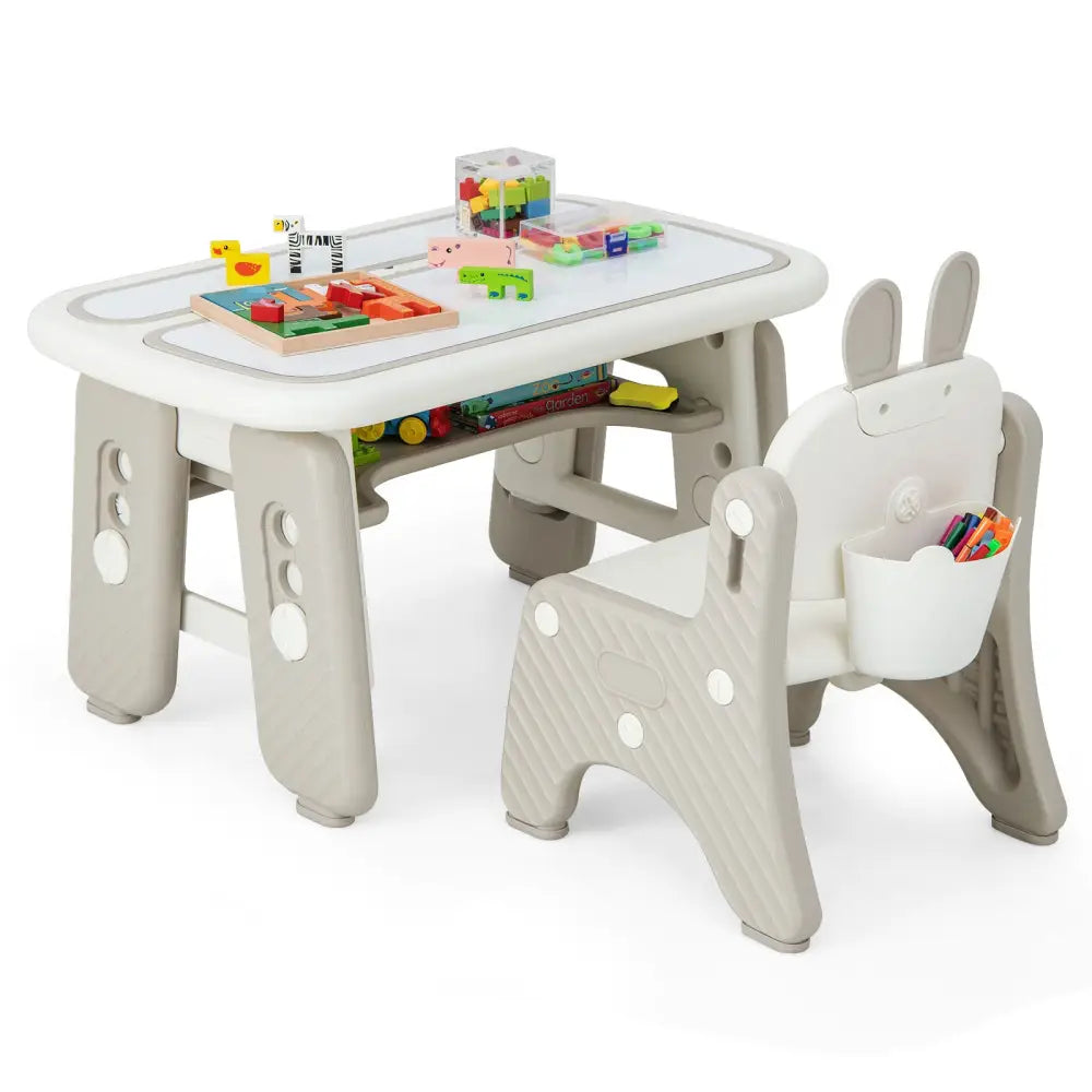 Kids Table and Chair Set with Flip-Top Bookshelf-Gray - Gray - Kids Table & Chair Sets