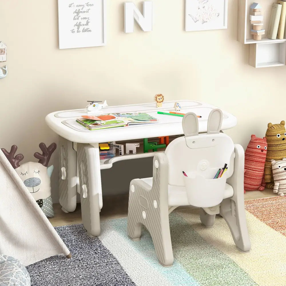 Kids Table and Chair Set with Flip-Top Bookshelf-Gray - Gray - Kids Table & Chair Sets