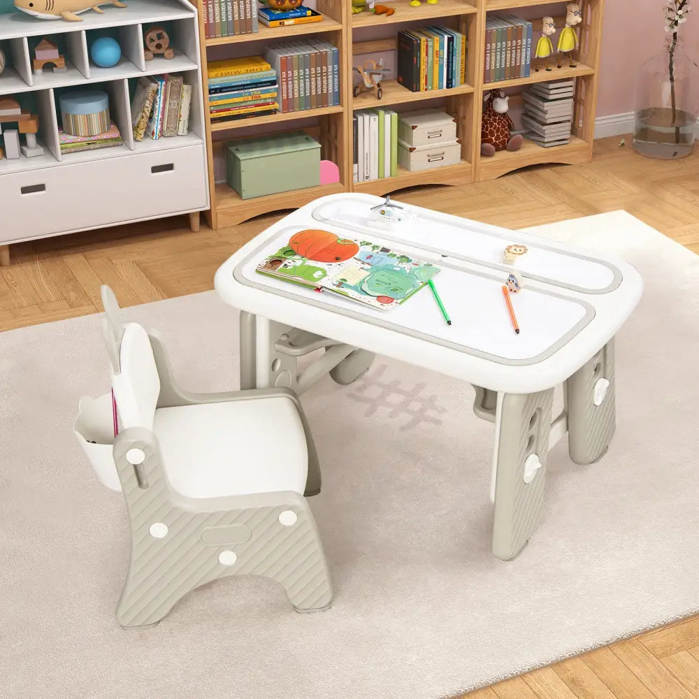 Kids Table and Chair Set with Flip-Top Bookshelf-Gray - Gray - Kids Table & Chair Sets