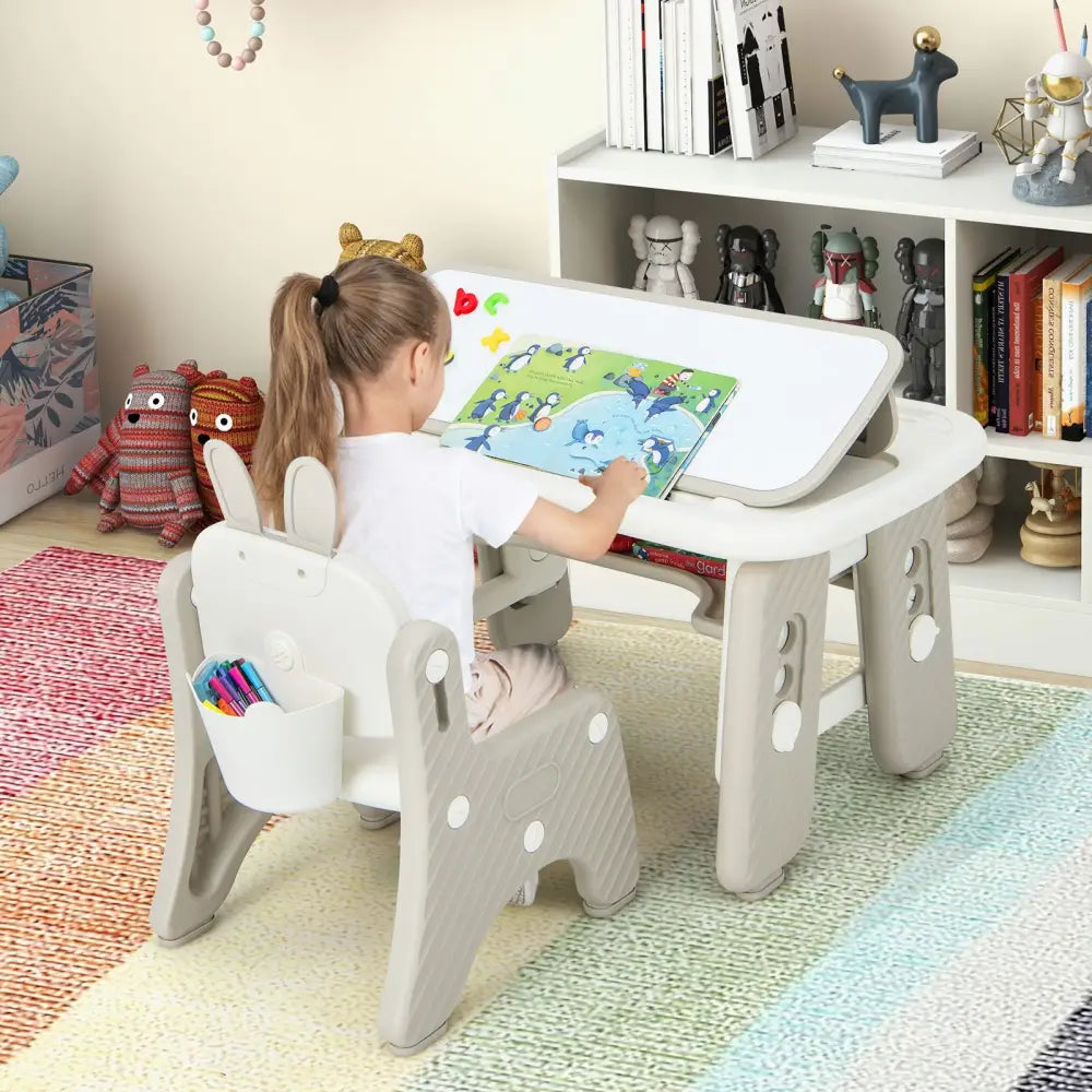 Kids Table and Chair Set with Flip-Top Bookshelf-Gray - Gray - Kids Table & Chair Sets