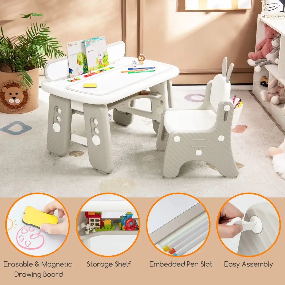 Kids Table and Chair Set with Flip-Top Bookshelf-Gray - Gray - Kids Table & Chair Sets