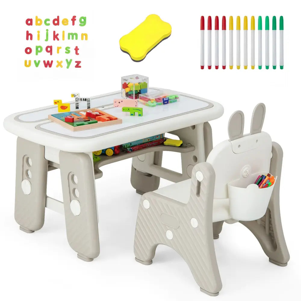 Kids Table and Chair Set with Flip-Top Bookshelf-Gray - Gray - Kids Table & Chair Sets