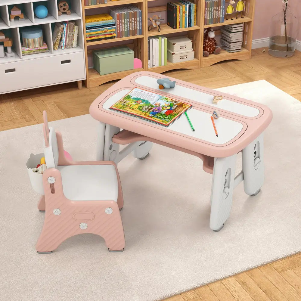 Kids Table and Chair Set with Flip-Top Bookshelf-Pink - Pink - Kids Table & Chair Sets