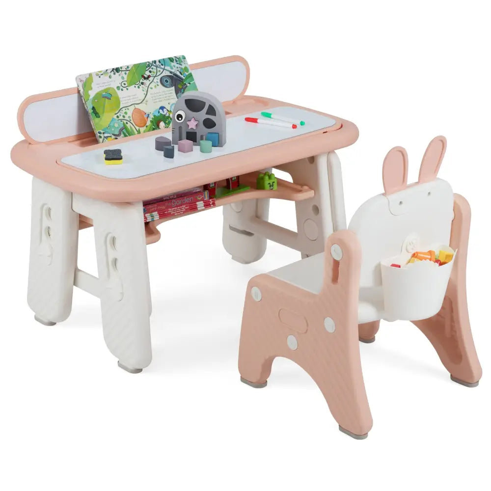 Kids Table and Chair Set with Flip-Top Bookshelf-Pink - Pink - Kids Table & Chair Sets