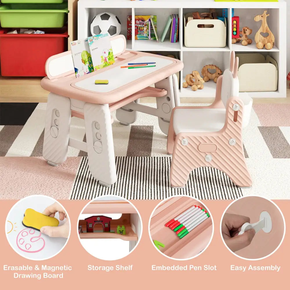 Kids Table and Chair Set with Flip-Top Bookshelf-Pink - Pink - Kids Table & Chair Sets