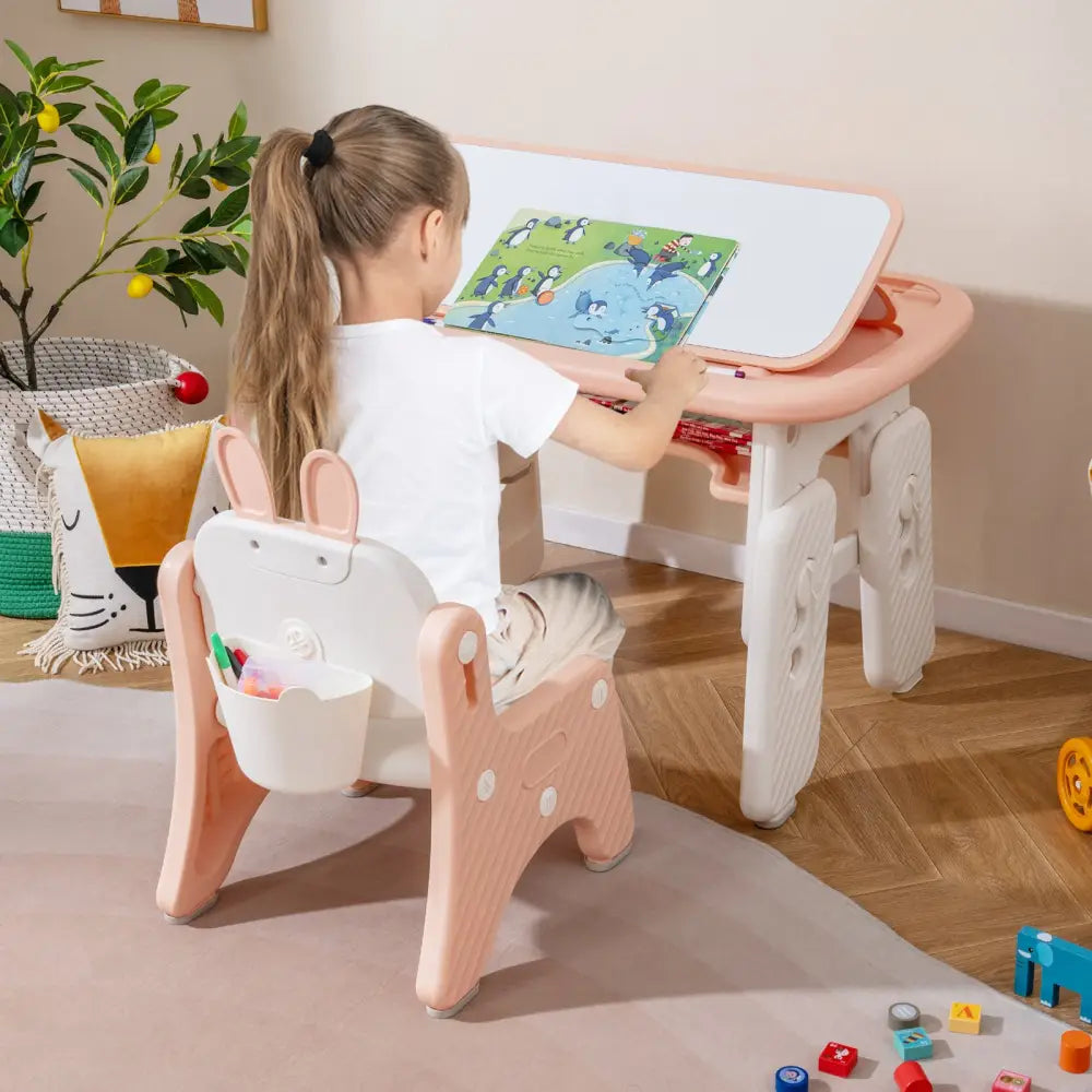 Kids Table and Chair Set with Flip-Top Bookshelf-Pink - Pink - Kids Table & Chair Sets