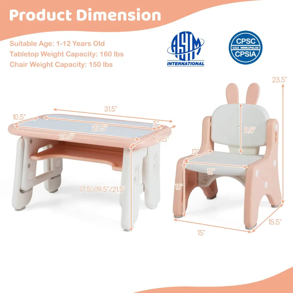 Kids Table and Chair Set with Flip-Top Bookshelf-Pink - Pink - Kids Table & Chair Sets