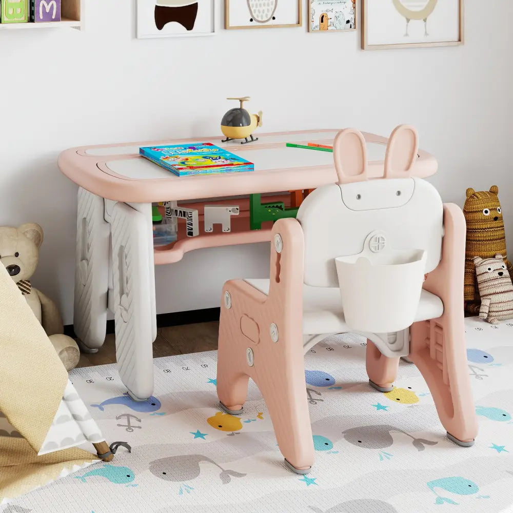 Kids Table and Chair Set with Flip-Top Bookshelf-Pink - Pink - Kids Table & Chair Sets