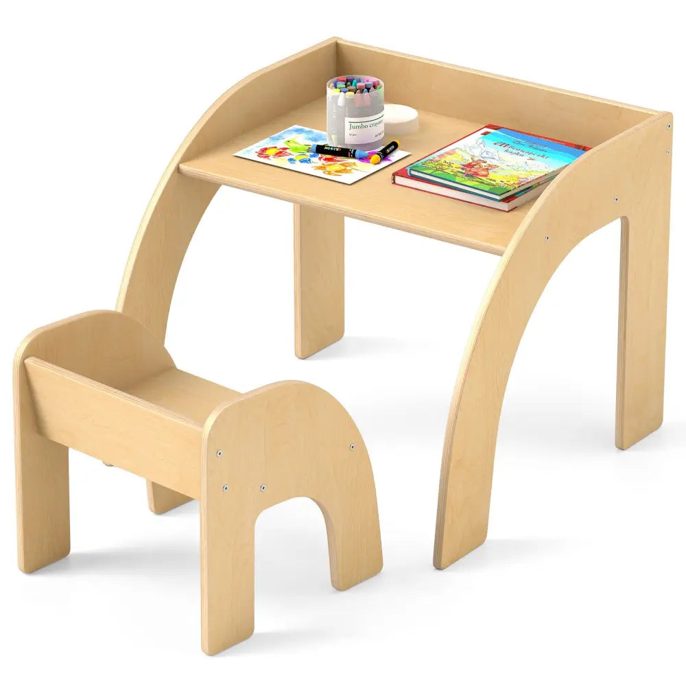 Kids Table and Chair Set with Wide Tabletop and Curved Edges for Kids Room-Natural - Natural - Kids Table & Chair Sets