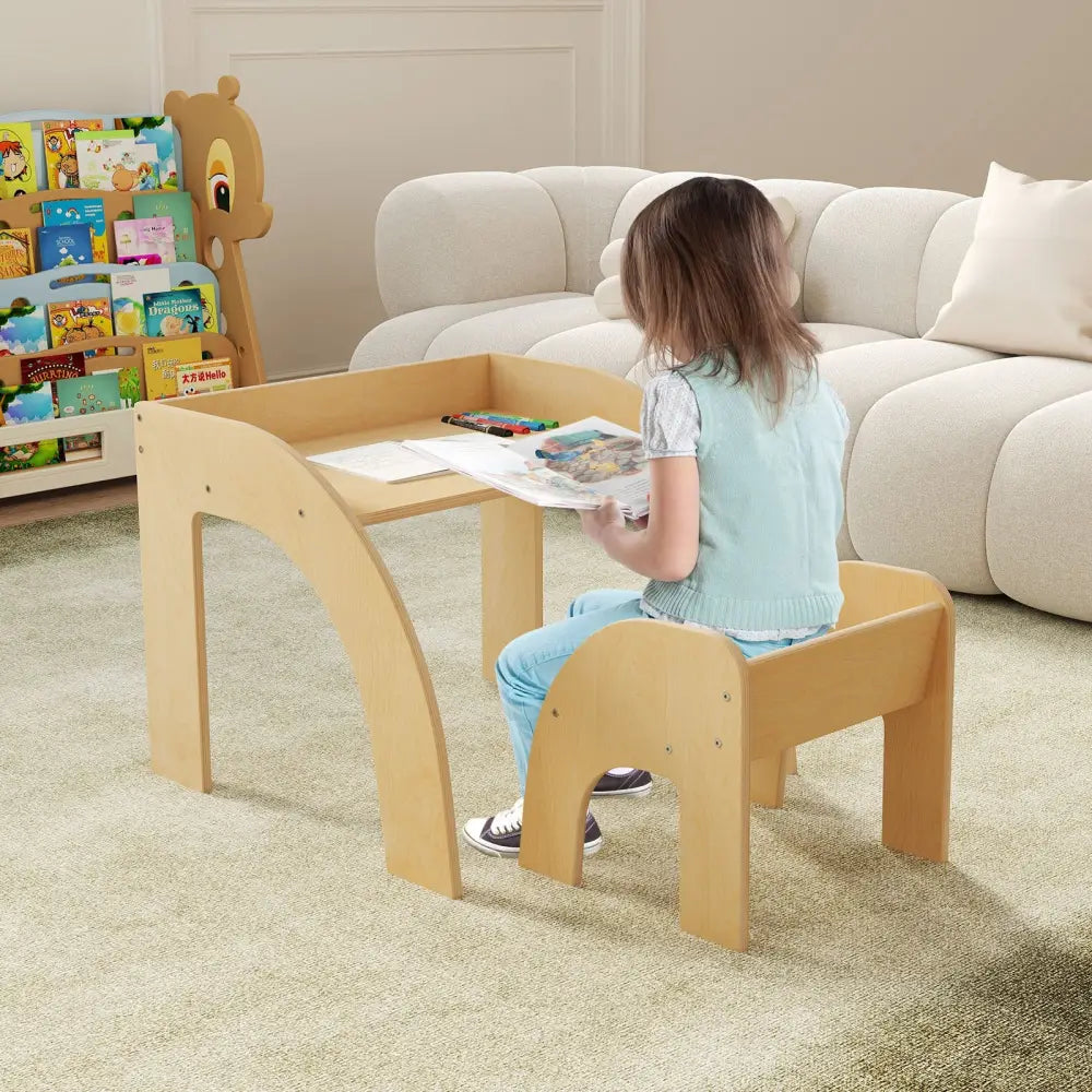 Kids Table and Chair Set with Wide Tabletop and Curved Edges for Kids Room-Natural - Natural - Kids Table & Chair Sets