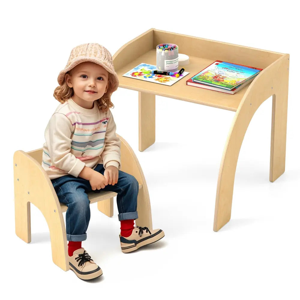 Kids Table and Chair Set with Wide Tabletop and Curved Edges for Kids Room-Natural - Natural - Kids Table & Chair Sets