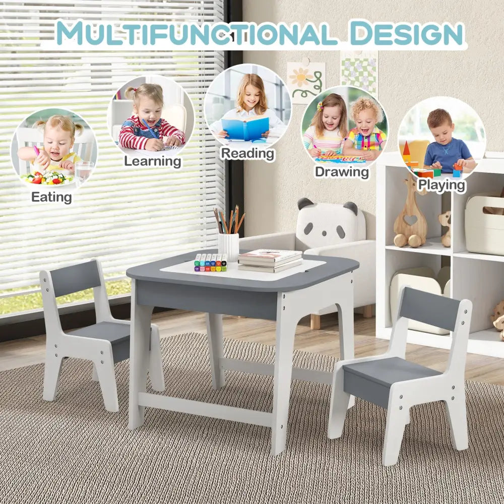Kid’s Table and Chairs Set with Double-sized Tabletop-Gray - Gray - Kids Table & Chair Sets