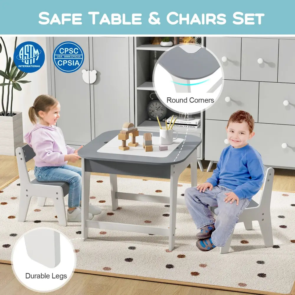 Kid’s Table and Chairs Set with Double-sized Tabletop-Gray - Gray - Kids Table & Chair Sets