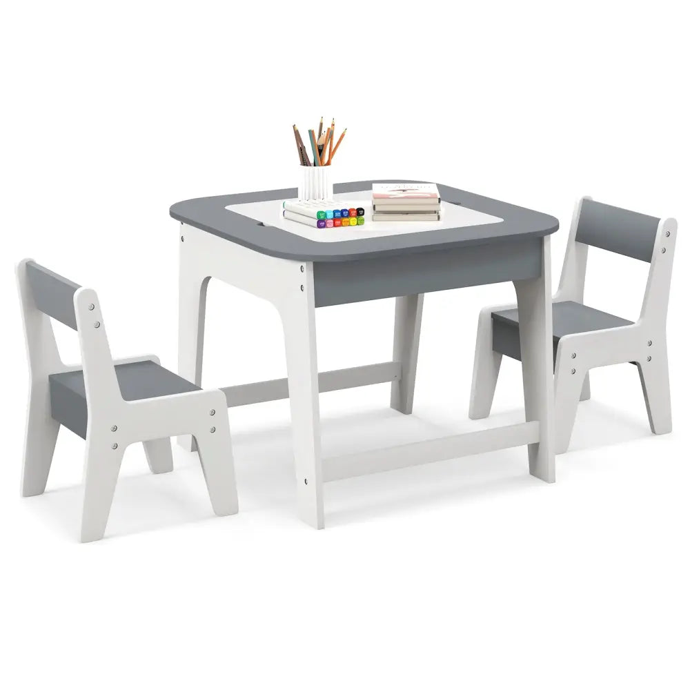 Kid’s Table and Chairs Set with Double-sized Tabletop-Gray - Gray - Kids Table & Chair Sets
