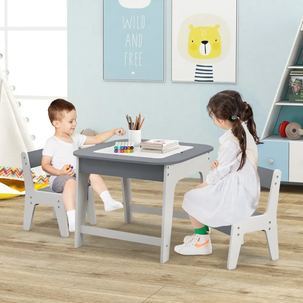 Kid’s Table and Chairs Set with Double-sized Tabletop-Gray - Gray - Kids Table & Chair Sets