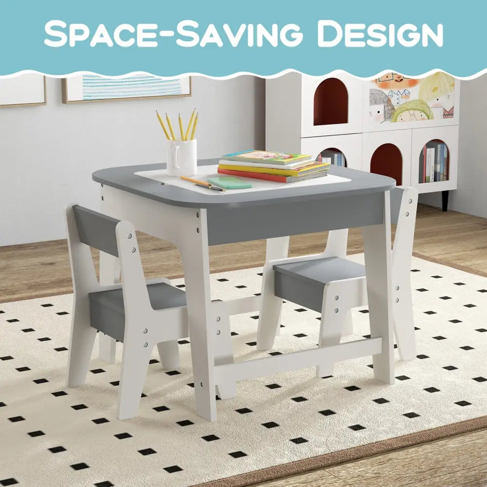 Kid’s Table and Chairs Set with Double-sized Tabletop-Gray - Gray - Kids Table & Chair Sets
