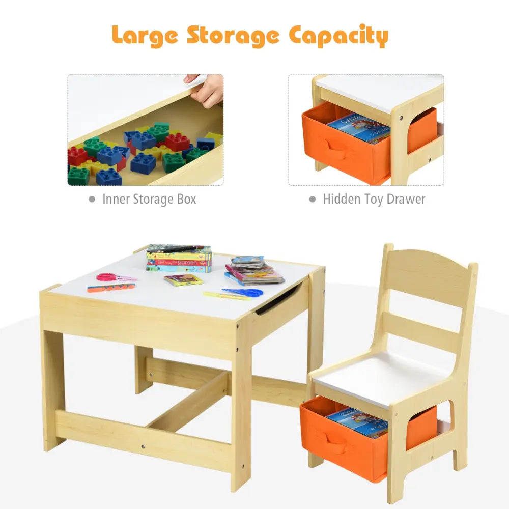 Kids Table Chairs Set With Storage Boxes Blackboard Whiteboard Drawing-Natural - Natural - Kids Table & Chair Sets