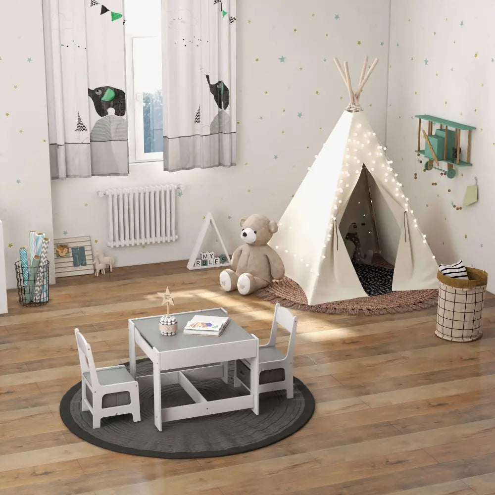 Kids Table Chairs Set With Storage Boxes Blackboard Whiteboard Drawing-White - White - Kids Table & Chair Sets