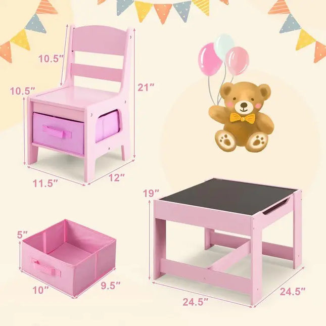Kids Table Chairs Set With Storage Boxes Blackboard Whiteboard Drawing - Pink - Oasis Home Essentials