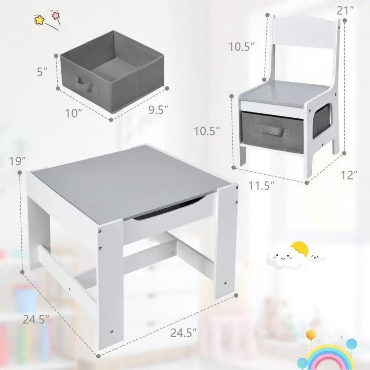 Kids Table Chairs Set With Storage Boxes Blackboard Whiteboard Drawing - White - Oasis Home Essentials