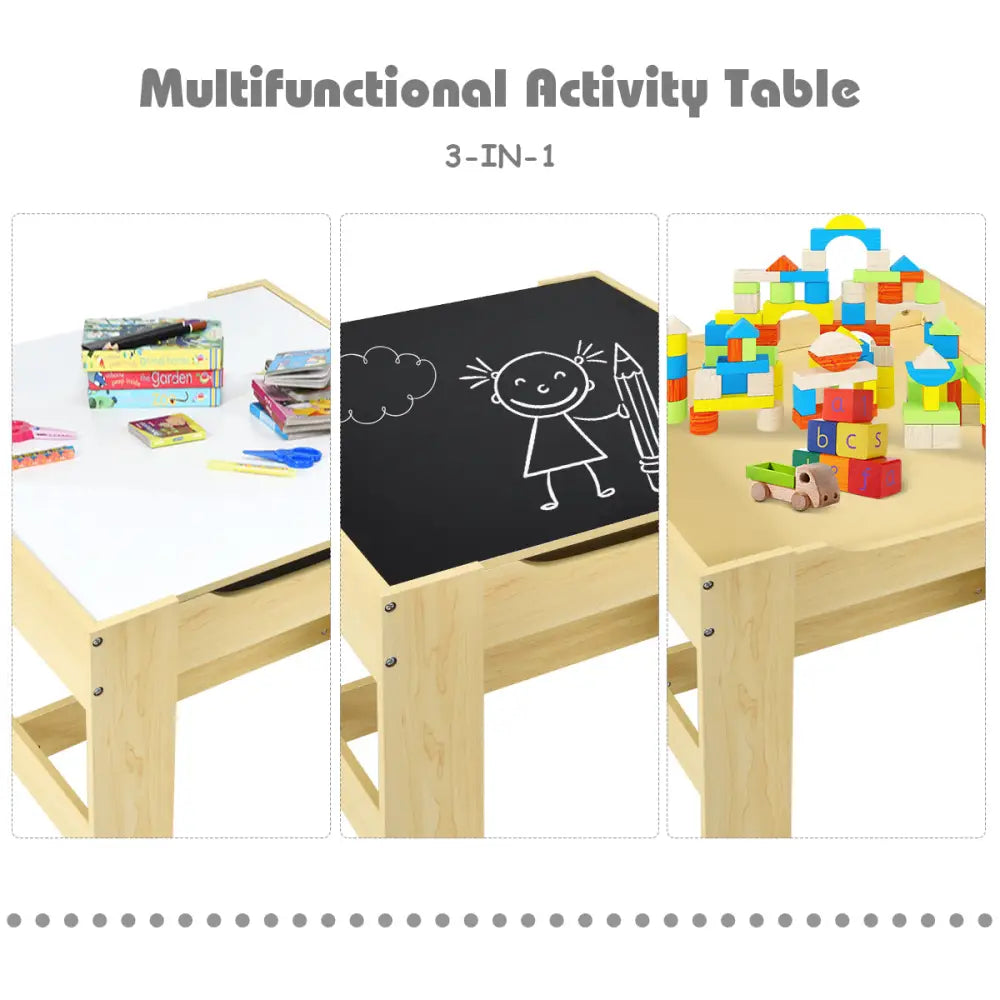 Kids Table Chairs Set With Storage Boxes Blackboard Whiteboard Drawing-Natural - Natural - Kids Table & Chair Sets