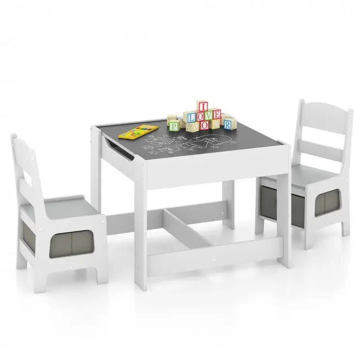 Kids Table Chairs Set With Storage Boxes Blackboard Whiteboard Drawing - White - Oasis Home Essentials