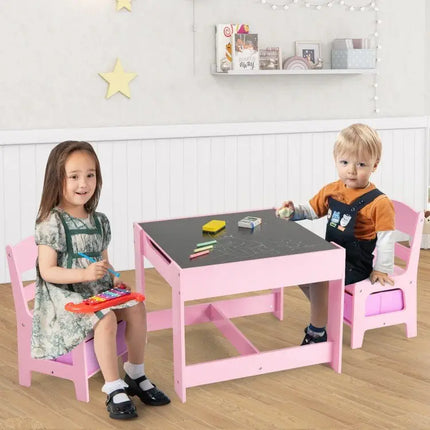 Kids Table Chairs Set With Storage Boxes Blackboard Whiteboard Drawing - Pink - Oasis Home Essentials