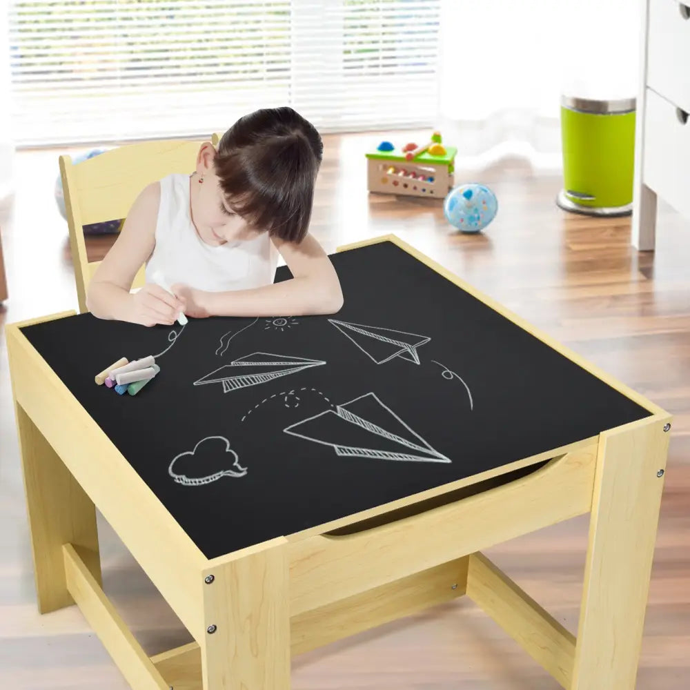 Kids Table Chairs Set With Storage Boxes Blackboard Whiteboard Drawing-Natural - Natural - Kids Table & Chair Sets